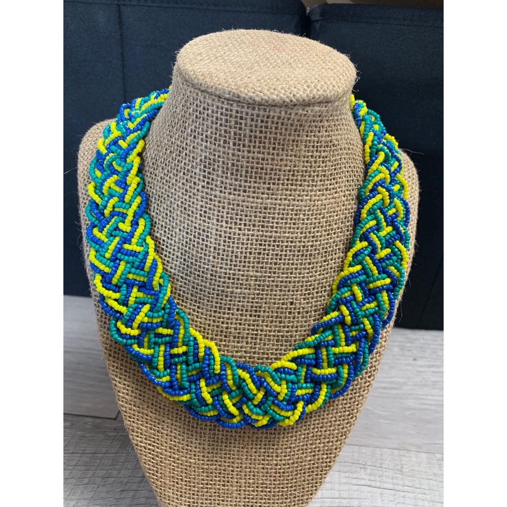 Braided Seed Bead Statement Necklace Blue Yellow Teal Chunky Collar 16in Boho